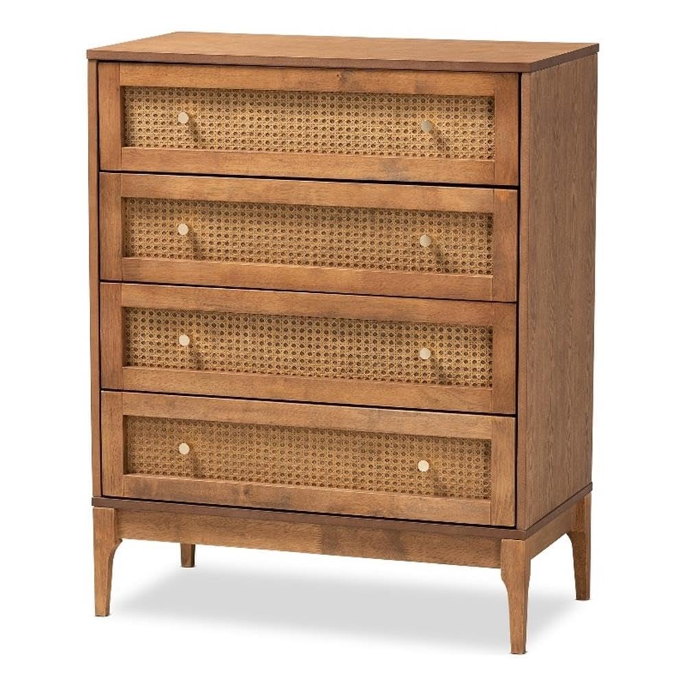 Baxton Studio Ramiel Mid-Century Modern Ash Walnut Finished Wood and Rattan 4-Drawer Chest