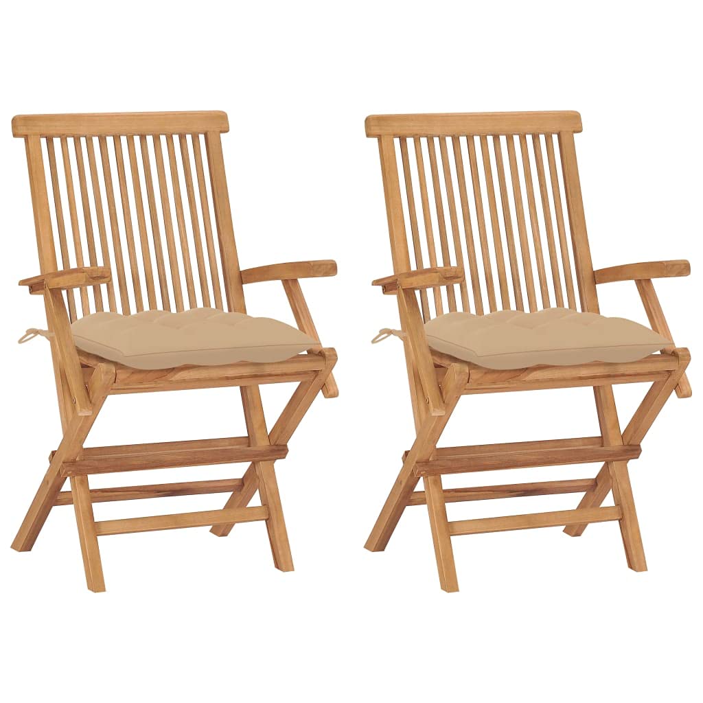 vidaXL Solid Teak Wood Patio Chairs with Beige Cushions - Thumbnail 2