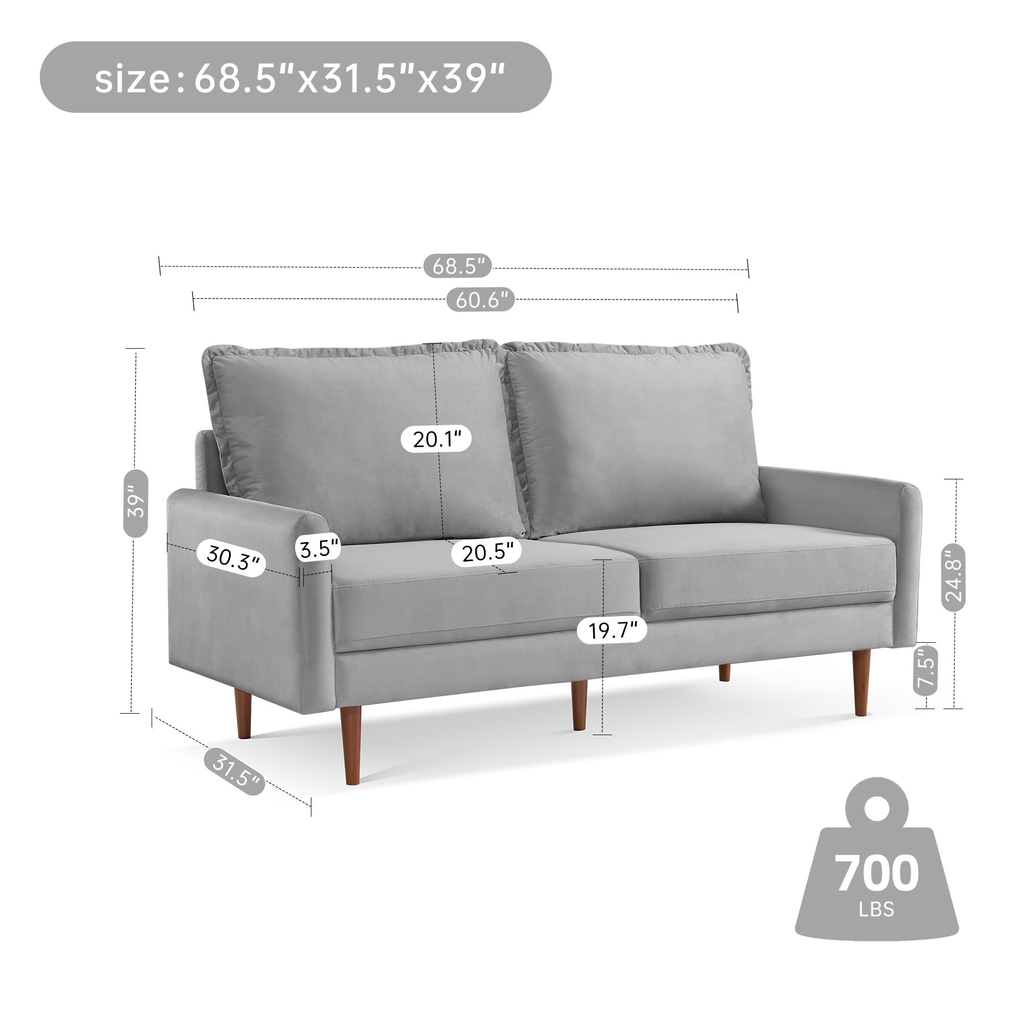 American Furniture Classics Grey 69 Inch Wide Upholstered Two Cushion Sofa with Cambered Arms Velvet, 69&quot; x 32&quot; x 39&quot;