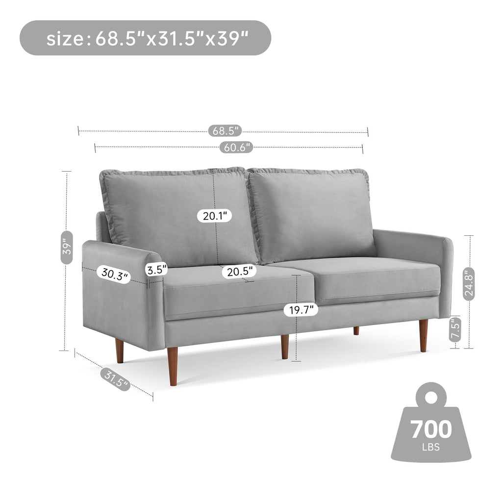 American Furniture Classics Grey 69 Inch Wide Upholstered Two Cushion Sofa with Cambered Arms Velvet, 69" x 32" x 39"