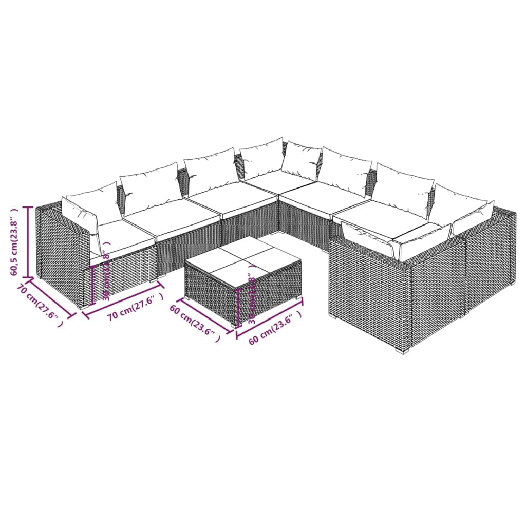 vidaXL 9-Piece Outdoor Garden Lounge Set with Cushions - Gray Poly Rattan - Weather-Resistant, Modular Design, Comfortable Cushions, Strong Frame