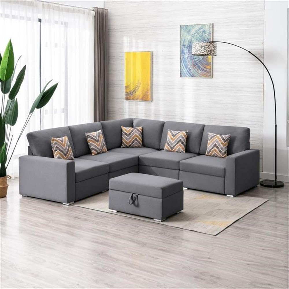 Lilola Home Nolan Gray Linen Fabric 6Pc Reversible Sectional Sofa with Pillows, Storage Ottoman, and Interchangeable Legs