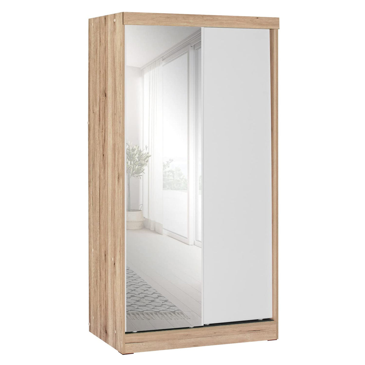 Better Home Products Mirror Wood Double Sliding Door Wardrobe White/Natural Oak