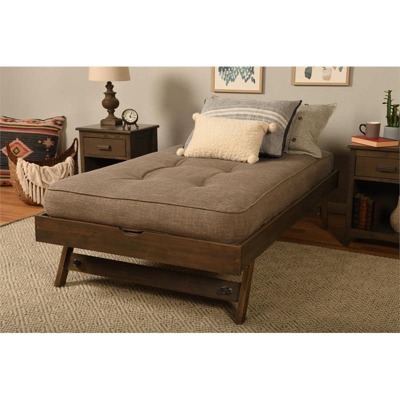 Kodiak Furniture Boho Wood Pop Up Bed in Walnut Brown w/Linen Stone Mattress