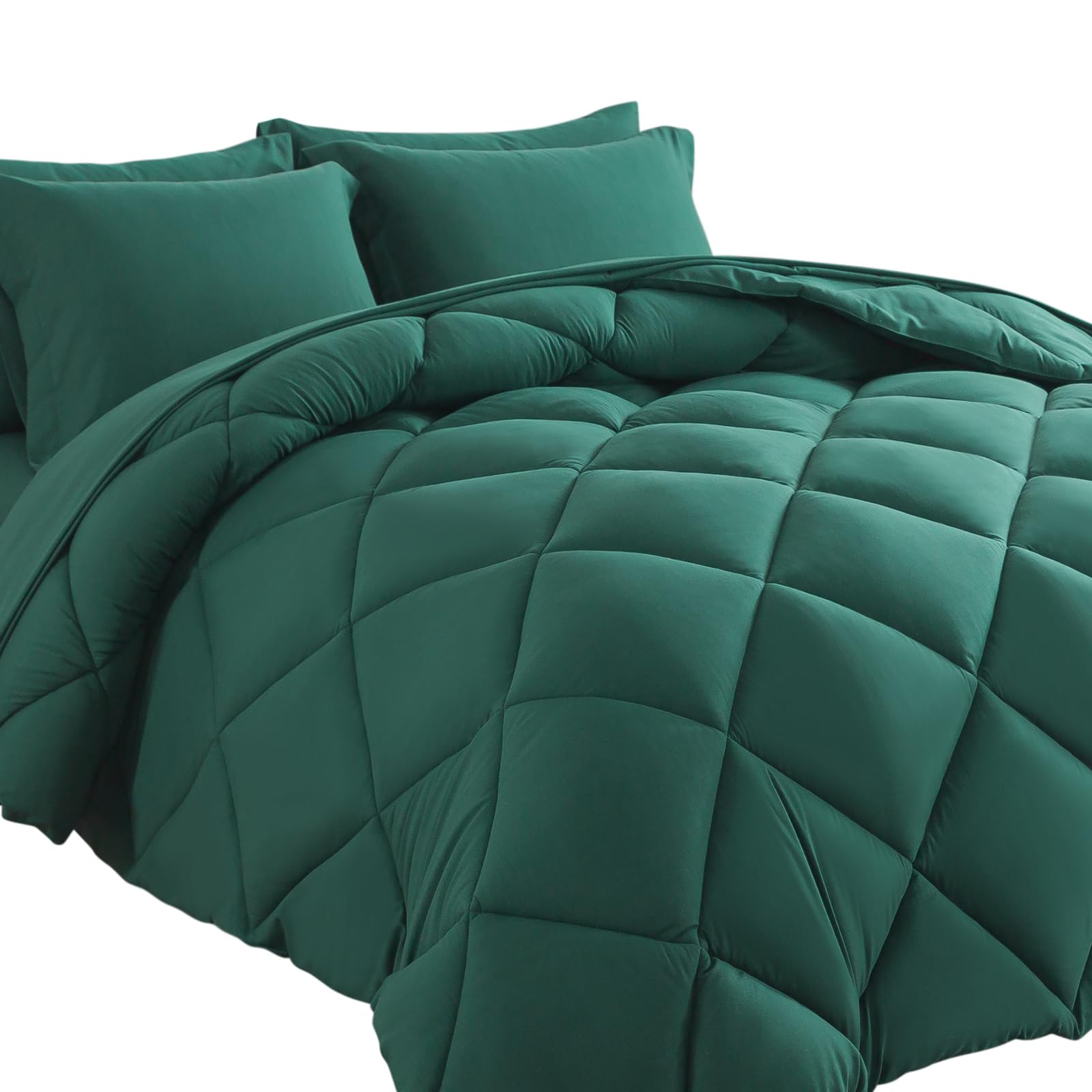 Cosybay Bed In A Bag Full Comforter Sets 7Pcs All Season Solid Down Alternative Bedding Sets Dark Green With Comforter, Pillow S