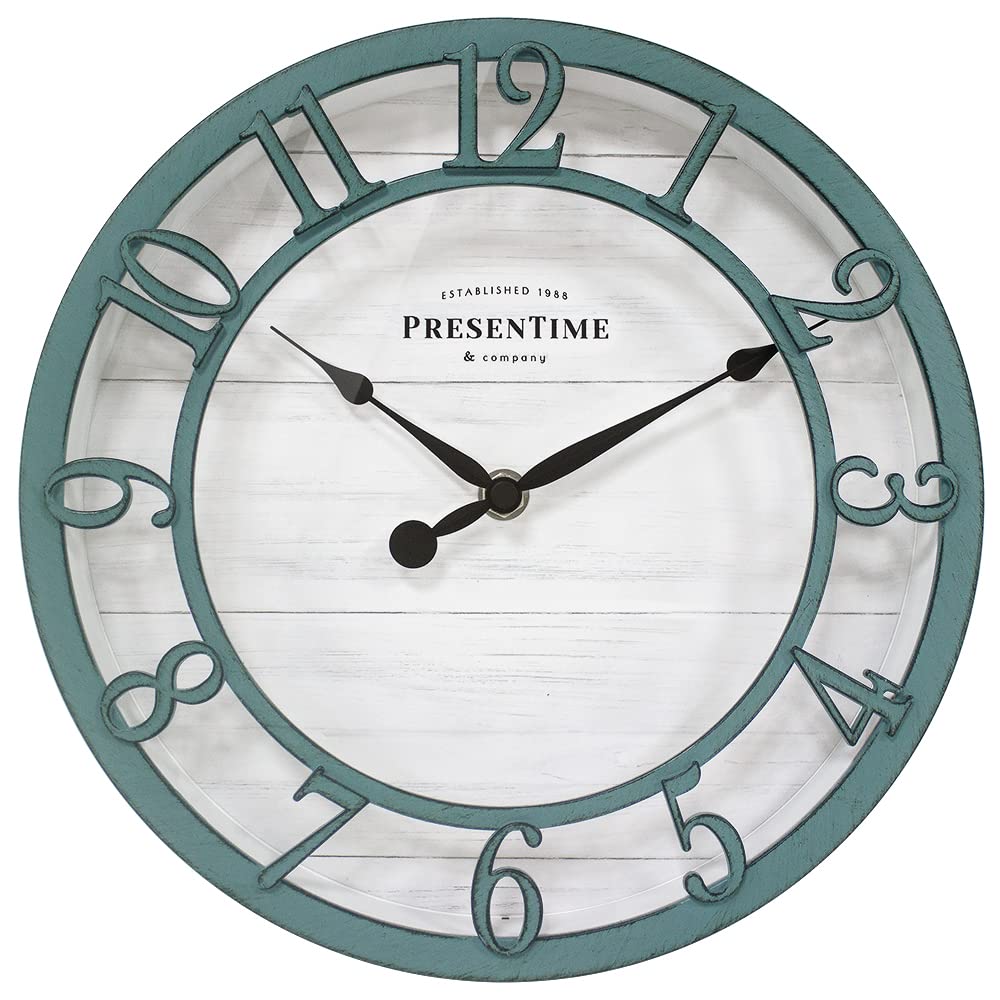 Presentime & Co 10 Farmhouse Series Wall Clock, Shiplap Style, Silent No Ticking, Raised 3D Arabic Numeral, Aged Teal Finish