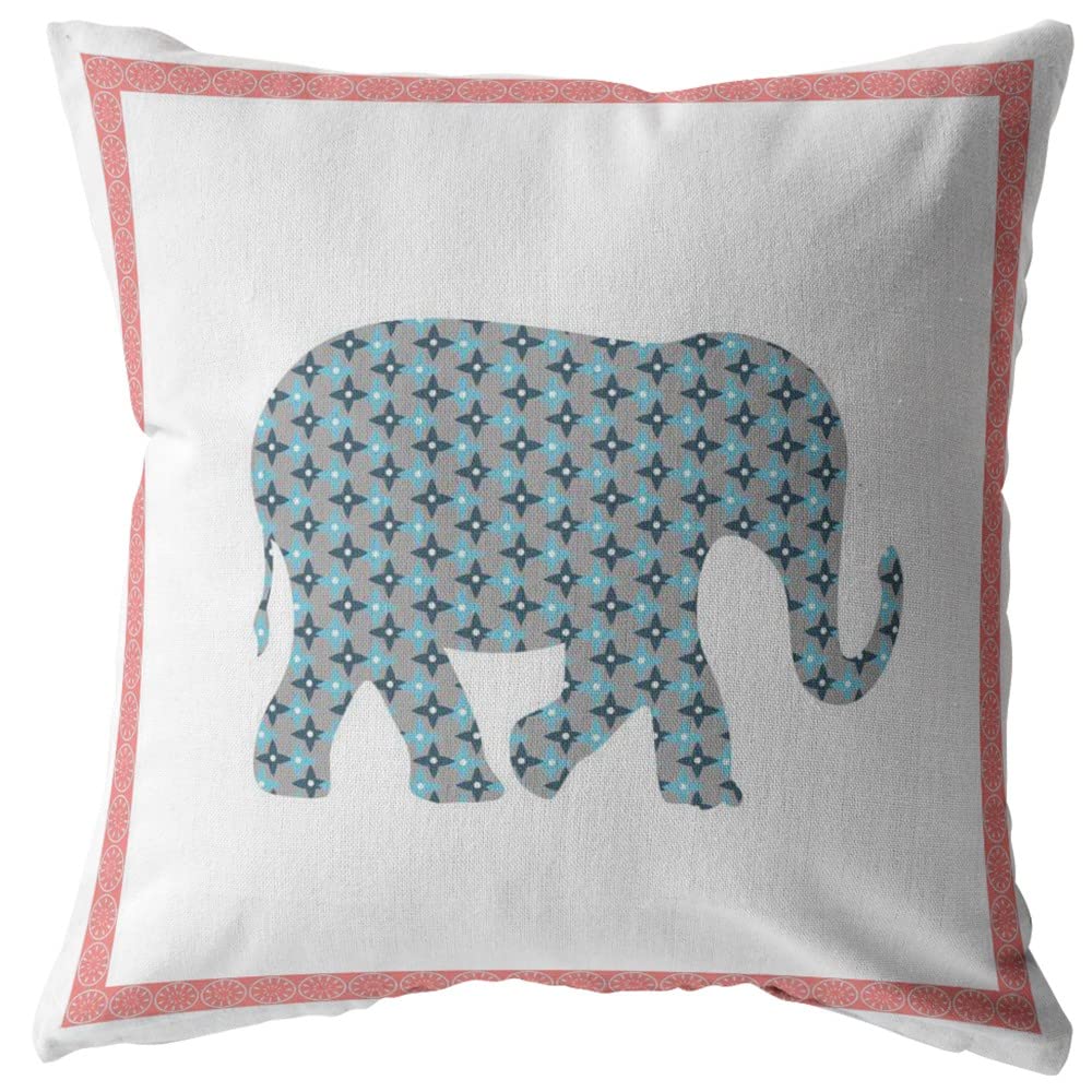 HomeRoots Blue and Pink On White 16â€ Blue Pink Elephant Boho Suede Throw Pillow