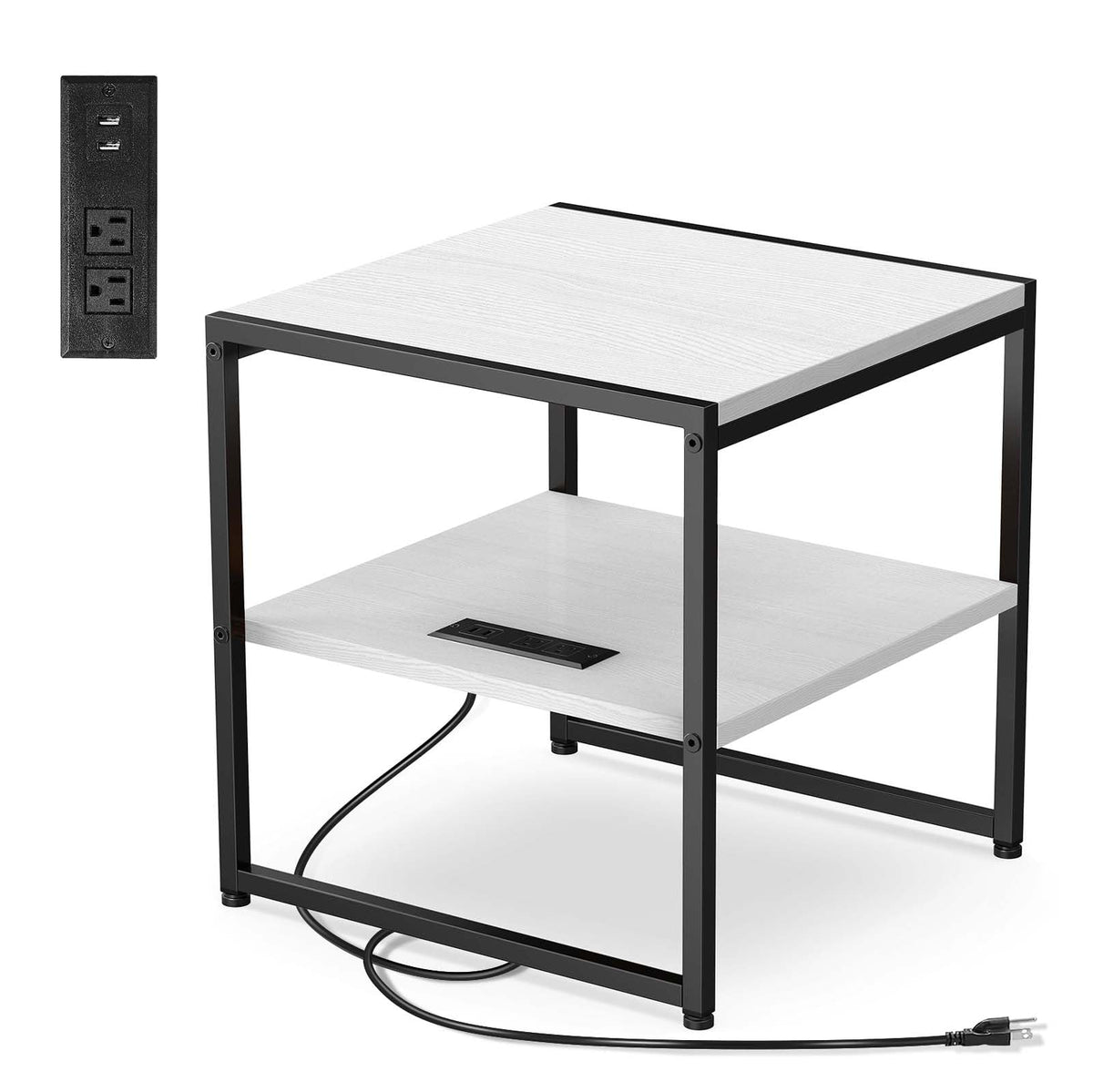 Tatub 20' End Table With Charging Station, Industrial Square Side Table With Usb Ports & Outlets, Versatile 2-Tier Small Nightstand For Bedroom Living Room, White