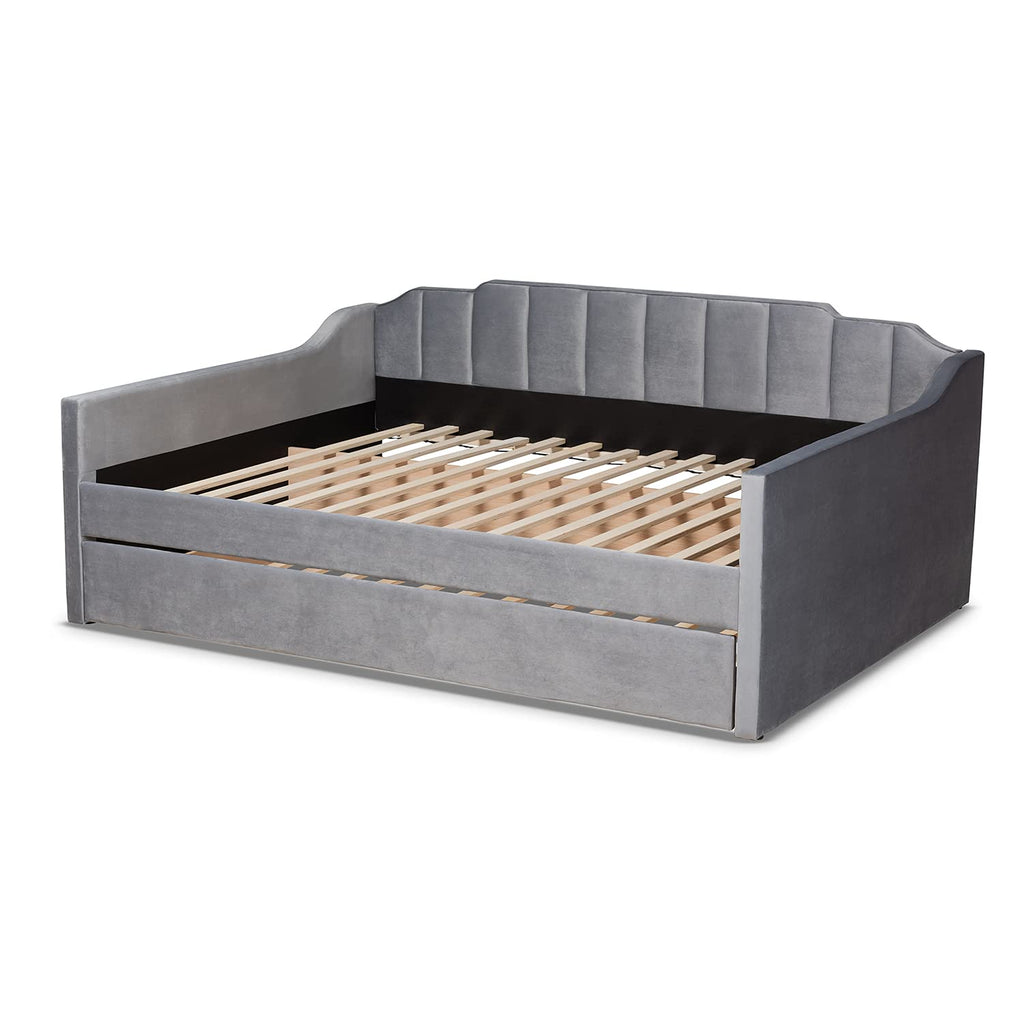 Baxton Studio Lennon Modern and Contemporary Grey Velvet Fabric Upholstered Full Size Daybed with Trundle
