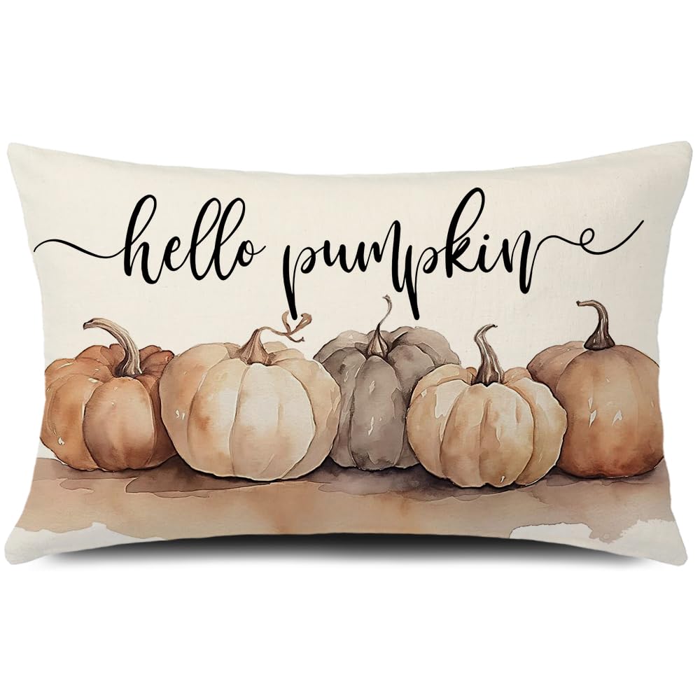 Gtext Fall Pillow Cover 12X20 Hello Pumpkins Watercolor Brown Throw Pillow Autumn Decorative Lumbar Linen Outdoor Farmhouse Deco