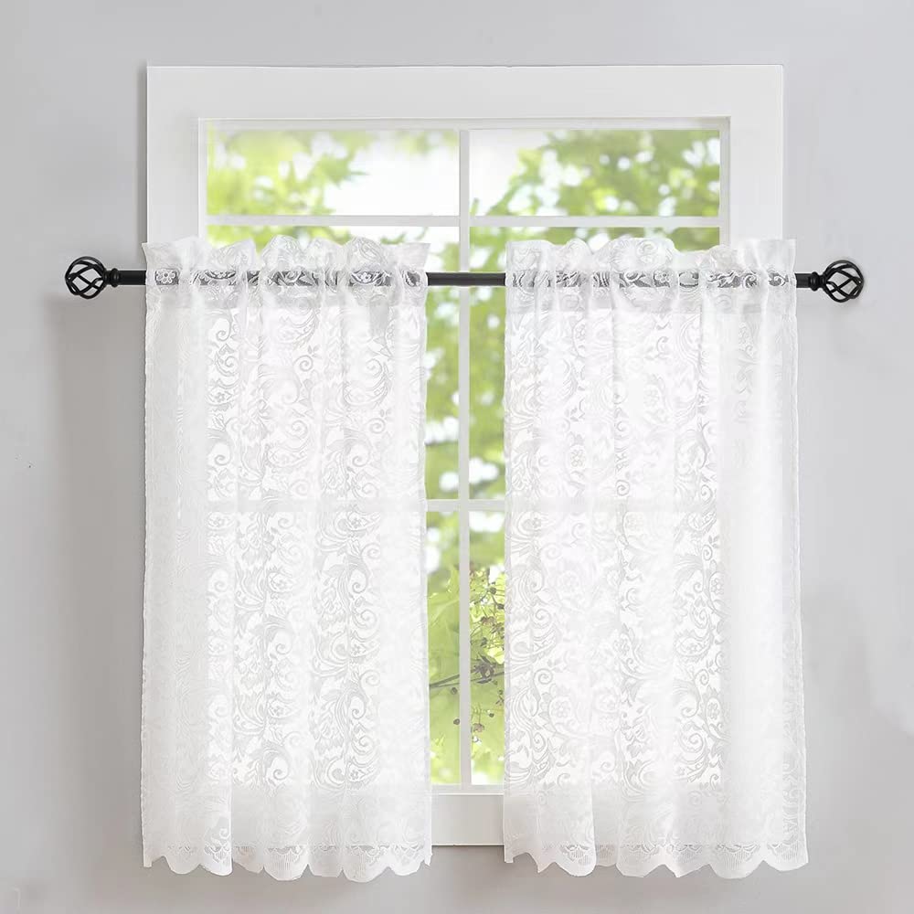 Aligogo Lace Kitchen Curtains 36 Inches Length 2 Panels Retro White Kitchen Window Curtains Over Sink Short Curtains For Small W