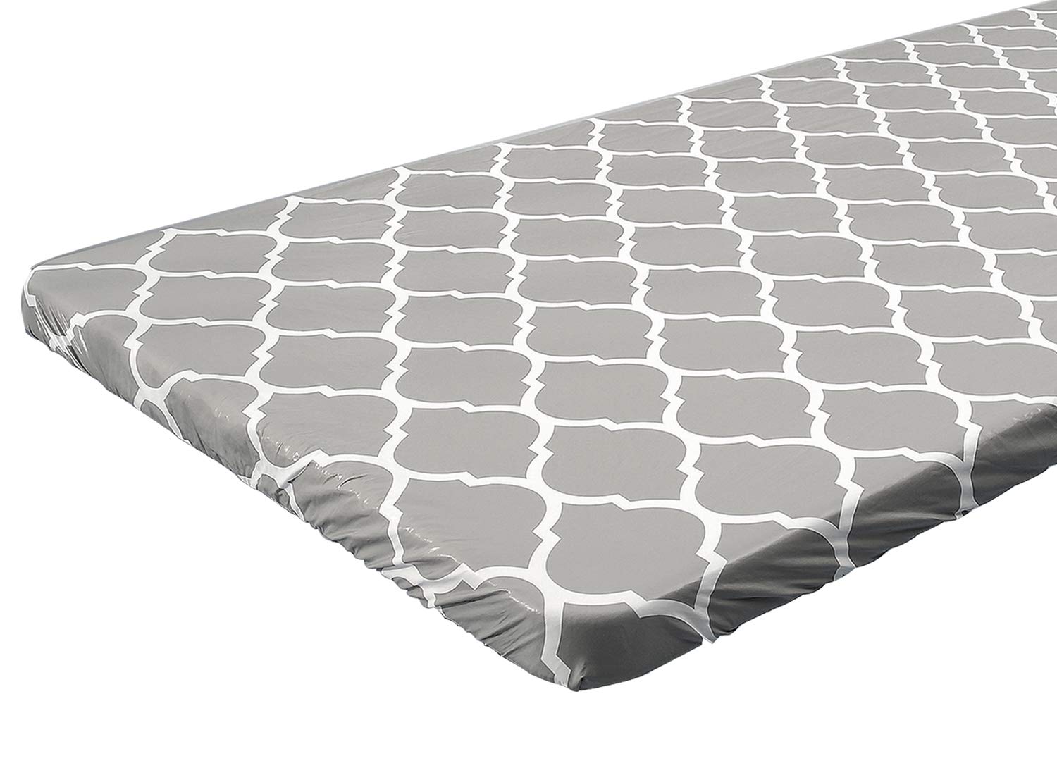 Vinyl Fitted Tablecloth For 6 Ft Rectangle Table, Gray Moroccan Design, Waterproof Elastic Table Cover With Flannel Backed Lining, Fits 30'X72' Folding Table, For Outdoor Picnics/Travel/Holiday/Party