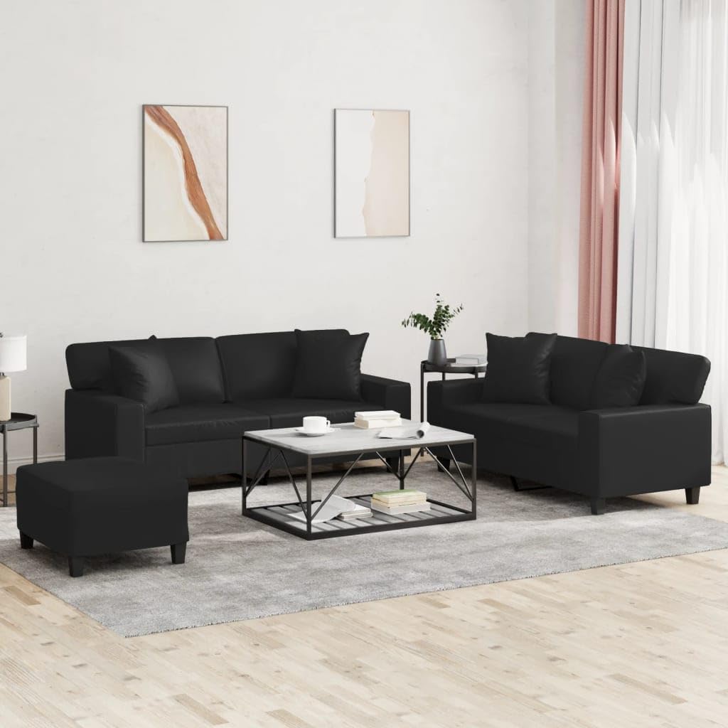 vidaXL 3-Piece Faux Leather Sofa Set with Pillows and Footstool - Luxurious and Comfortable Seating Solution for Living Room and Lounge - Black