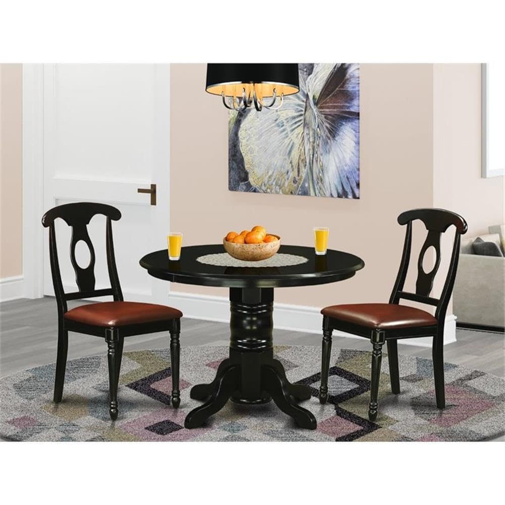 East West Furniture SHKE3-BLK-LC 3 Piece Kitchen Table & Chairs Set Contains a Round Dining Room Table with Pedestal and 2 Faux Leather Dining Room Chairs, 42x42 Inch, Black