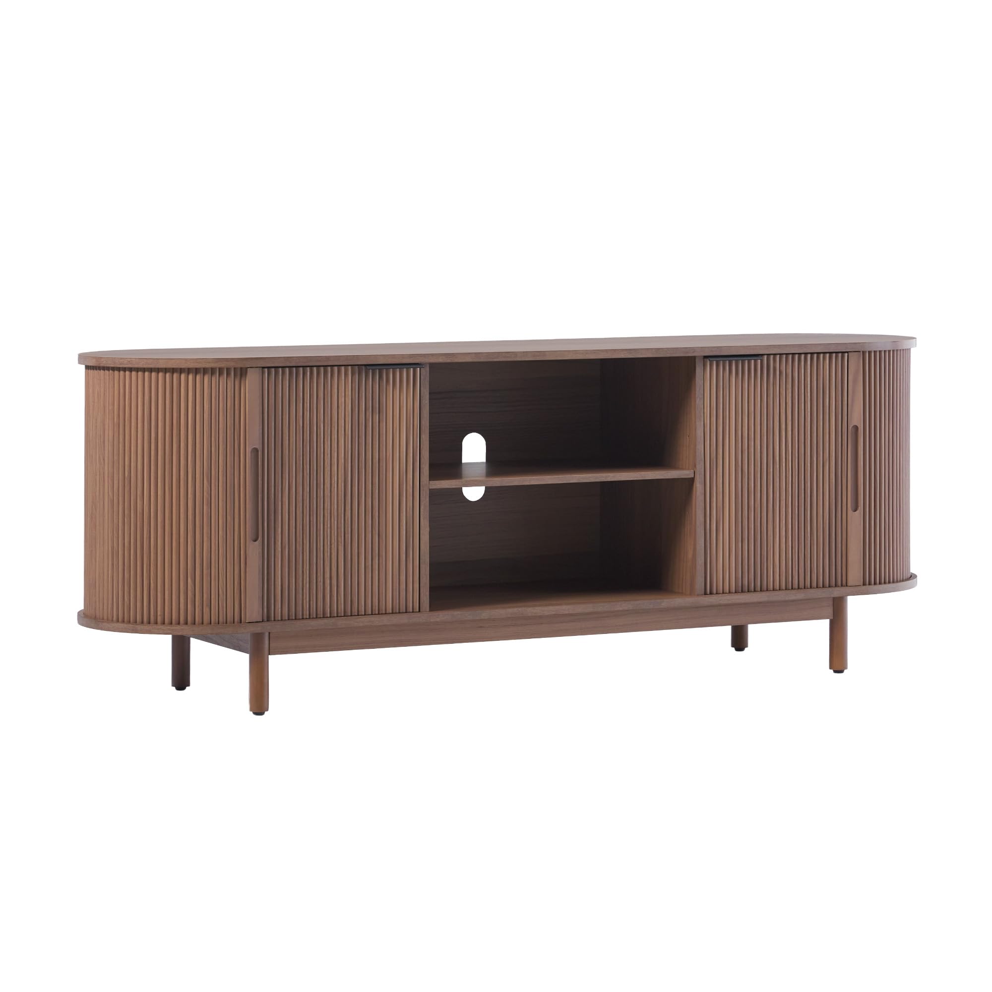 Walker Edison Modern Curved Reeded Tv Stand For Tvs Up To 65 Inches, Credenza With Sliding Doors And Adjustable Shelves, Tv Stand With Cord Management Cutout, 60 Inch, Mocha