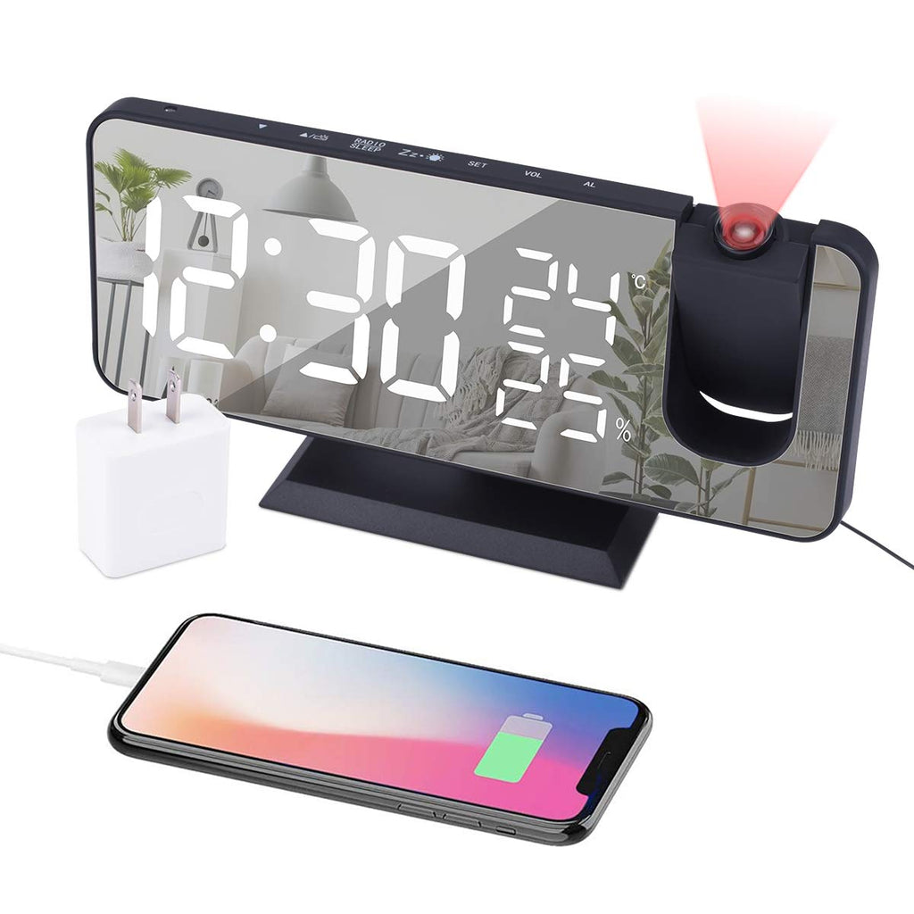 EVILTO Projection Alarm Clock for Bedroom Ceiling Digital Radio with USB Charger Ports, 7.3'' Large LED Screen, 4 Dimmer, Dual A