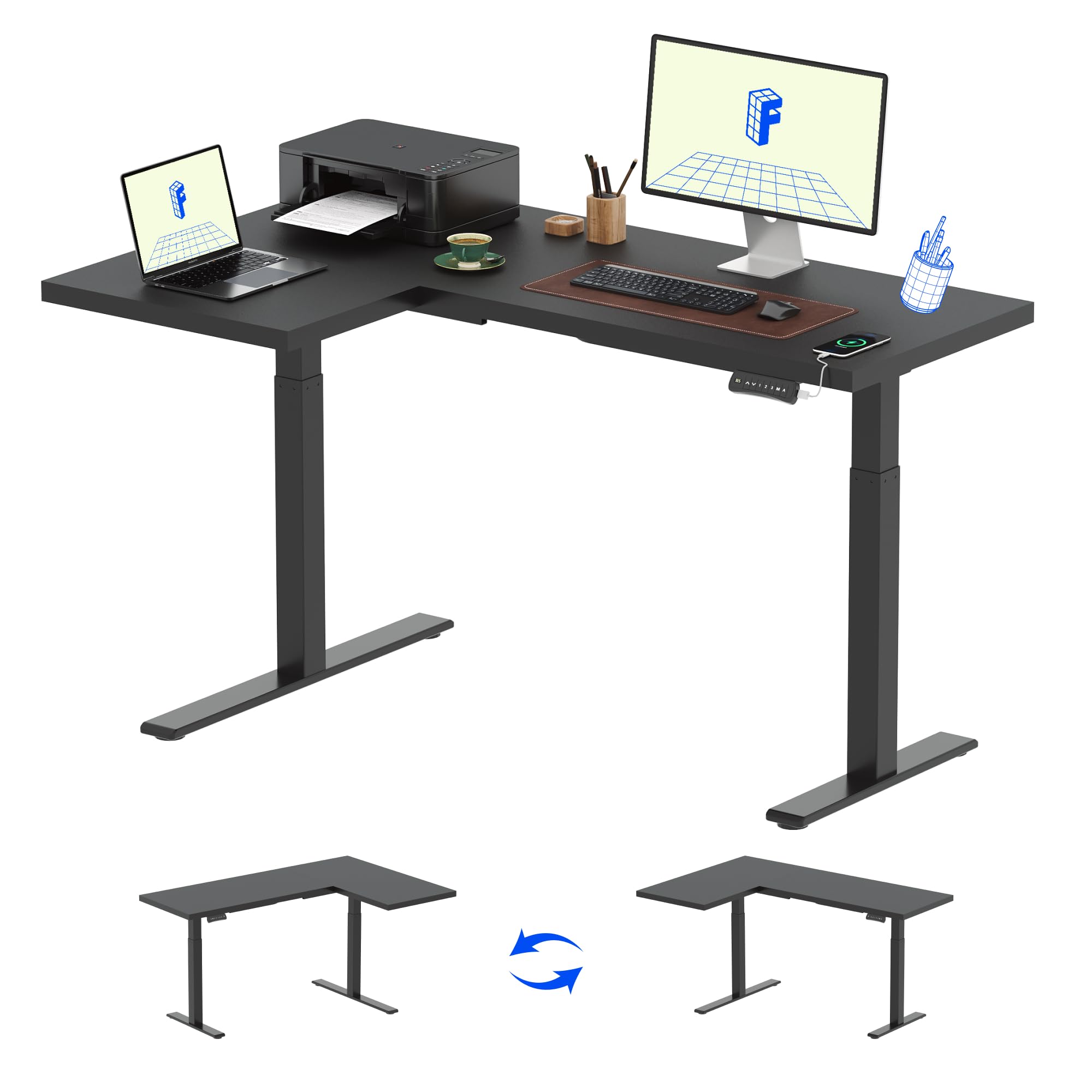 Flexispot Pro Corner Desk Dual Motor L Shaped Computer Electric Standing Desk Sit Stand Up Desk Height Adjustable Desk Home Office Table With Splice Board, 63X40 Black(2 Pakages)