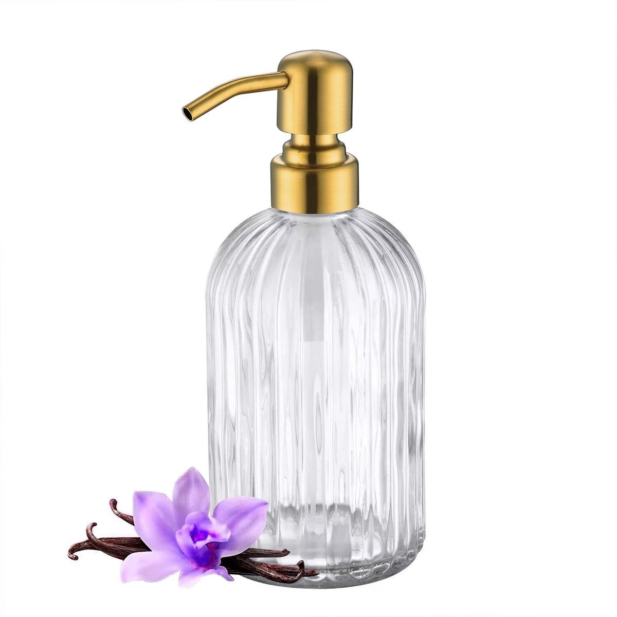 Leetcp Gold Glass Soap Dispenser with Rust Proof Metal Pump,16oz Vintage Soap Dispenser,Clear Glass Dish Soap Dispenser for Bath