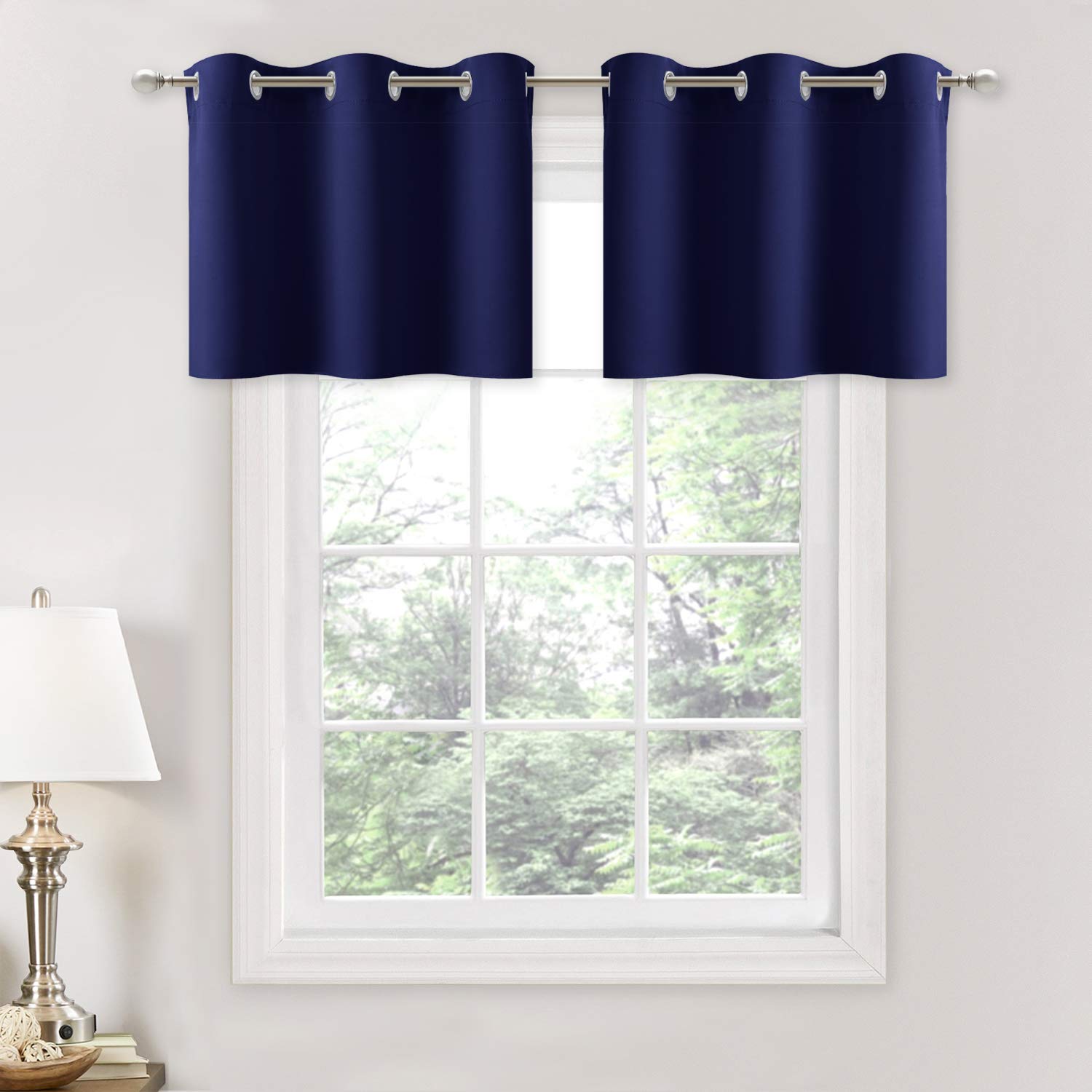NICETOWN Navy Blue Blackout Kitchen Valances - Blackout Grommet Tier Curtain Panels for Kitchen, Basement Room (2 Pieces, 42 inc