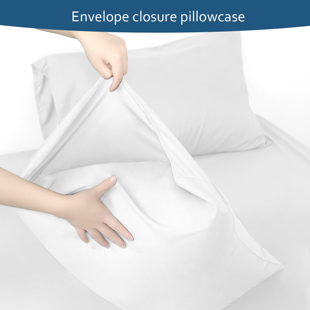 Queen Sheet Set Deep Pocket - 4 Piece Extra Soft Queen Bed Sheets - Side Storage Pocket Fitted Sheet & Pillowcase & Flat Sheet - Easily Fits 16In To 24In Pillow Top Air Bed Mattress - White
