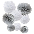 WYZworks Set of 8 (Assorted White / Grey Pack) 8 12 14 DIY Tissue Pom Poms Flower Party Decorations for Weddings, Birthday, Brid