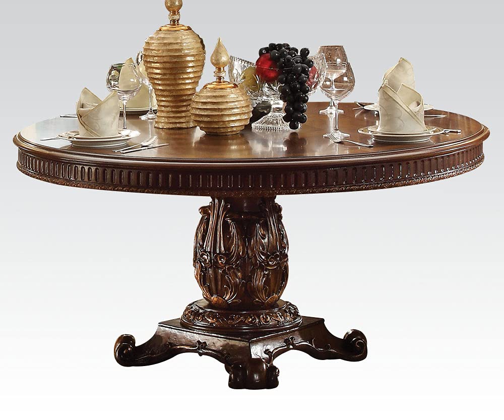 HomeRoots Cherry Wood, Poly Resin, Veneer (Wood) Round Wooden top Dining Table with Single Carved Pedestal