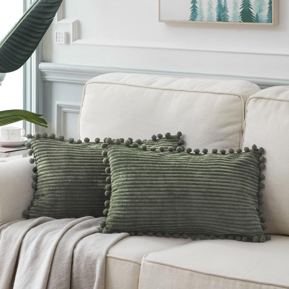 Fancy Homi 2 Pack Olive Green Lumbar Decorative Throw Pillow Covers 12X20 Inch With Pom-Poms For Couch Bedroom Sofa, Soft Cordur