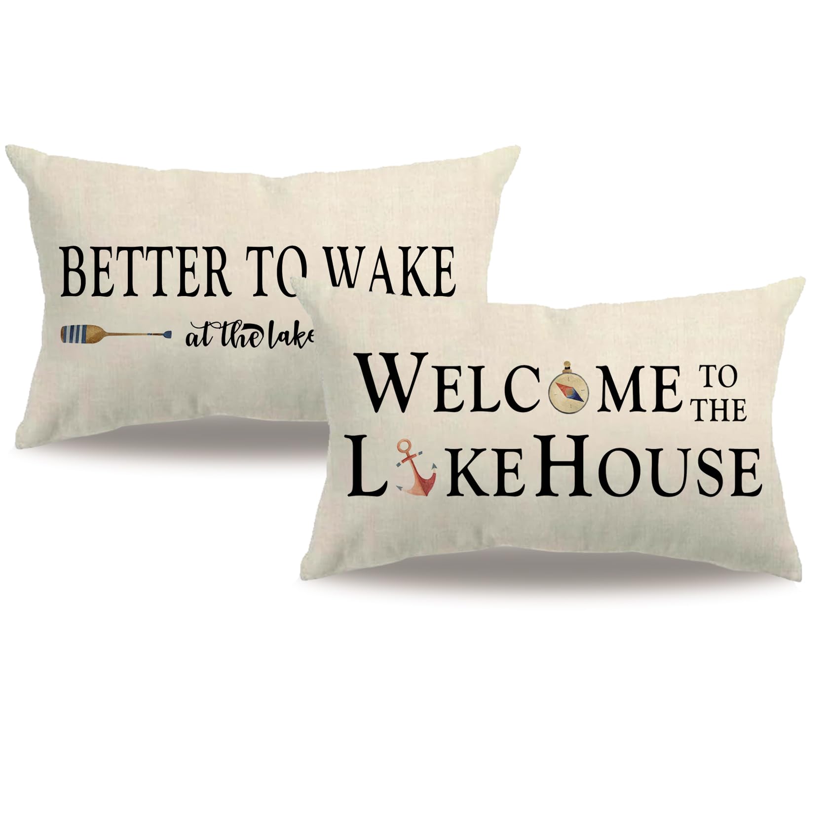 2Pack Lake House Decor Pillow Covers Double-Sided Printed White Welcome To The Lake House Rectangular/Waist Cushion Cover Nautic