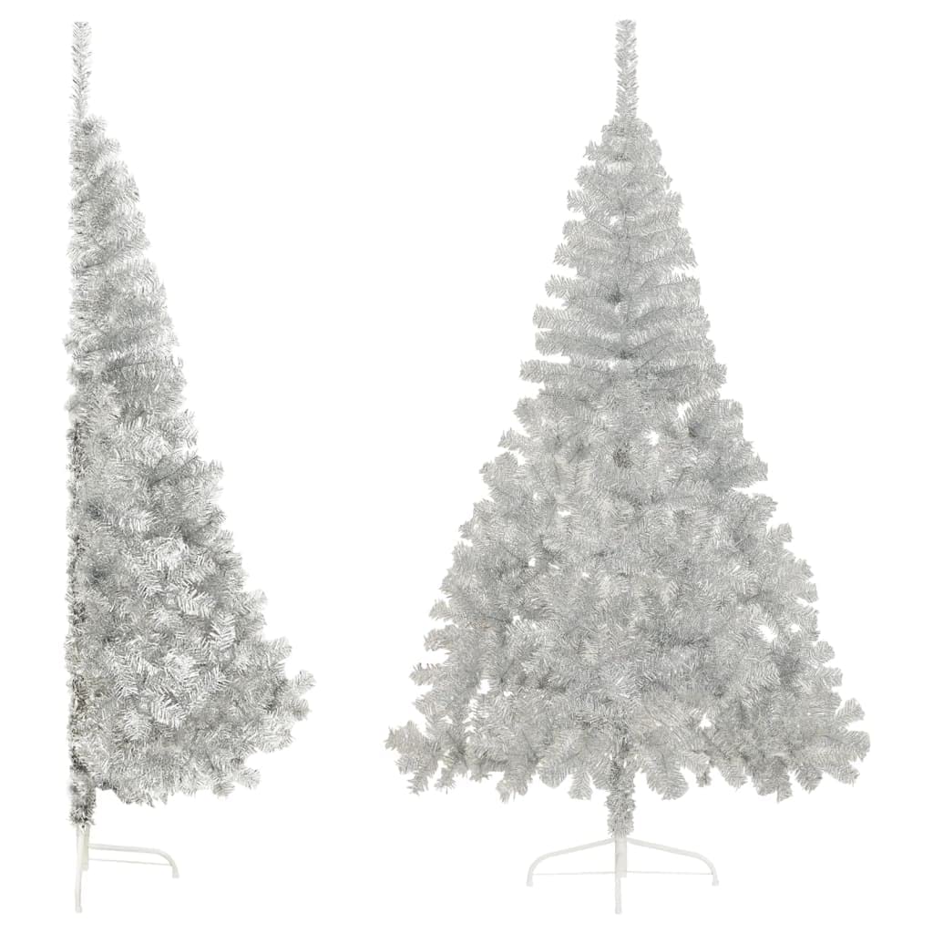 vidaXL 8ft Silver Artificial Half Christmas Tree with Sturdy Steel Stand - Realistic PVC Tips - Space Saving Half-Round Design - Durable & Reusable Holiday Decoration