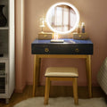 Charmaid Vanity Desk With Lights, Navy Blue Makeup Vanity Desk With 3-Color Lighted Mirror, 4 Drawers, Cushioned Stool, Modern Bedroom Makeup Dressing Table For Small Place