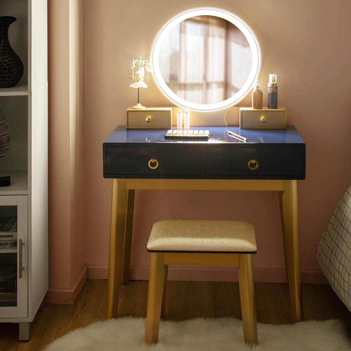 Charmaid Vanity Desk With Lights, Navy Blue Makeup Vanity Desk With 3-Color Lighted Mirror, 4 Drawers, Cushioned Stool, Modern Bedroom Makeup Dressing Table For Small Place