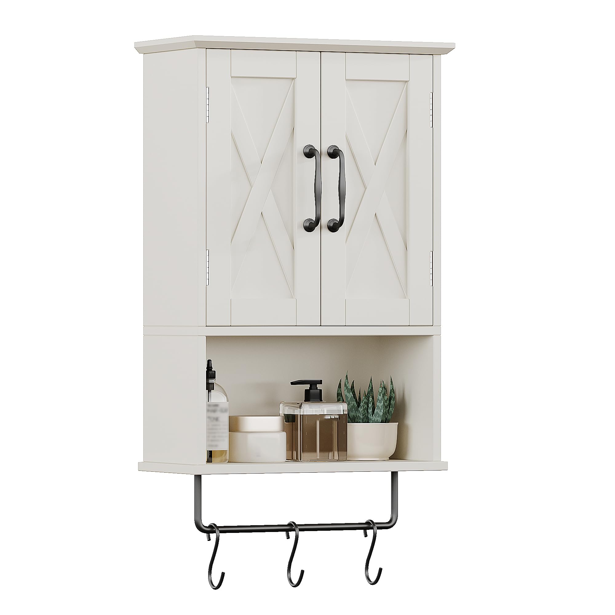 ChooChoo Farmhouse Medicine Cabinet, Bathroom Wall Cabinet with Adjustable Shelf, Towel Bar, 3 Hooks, Over The Toilet Storage Ca