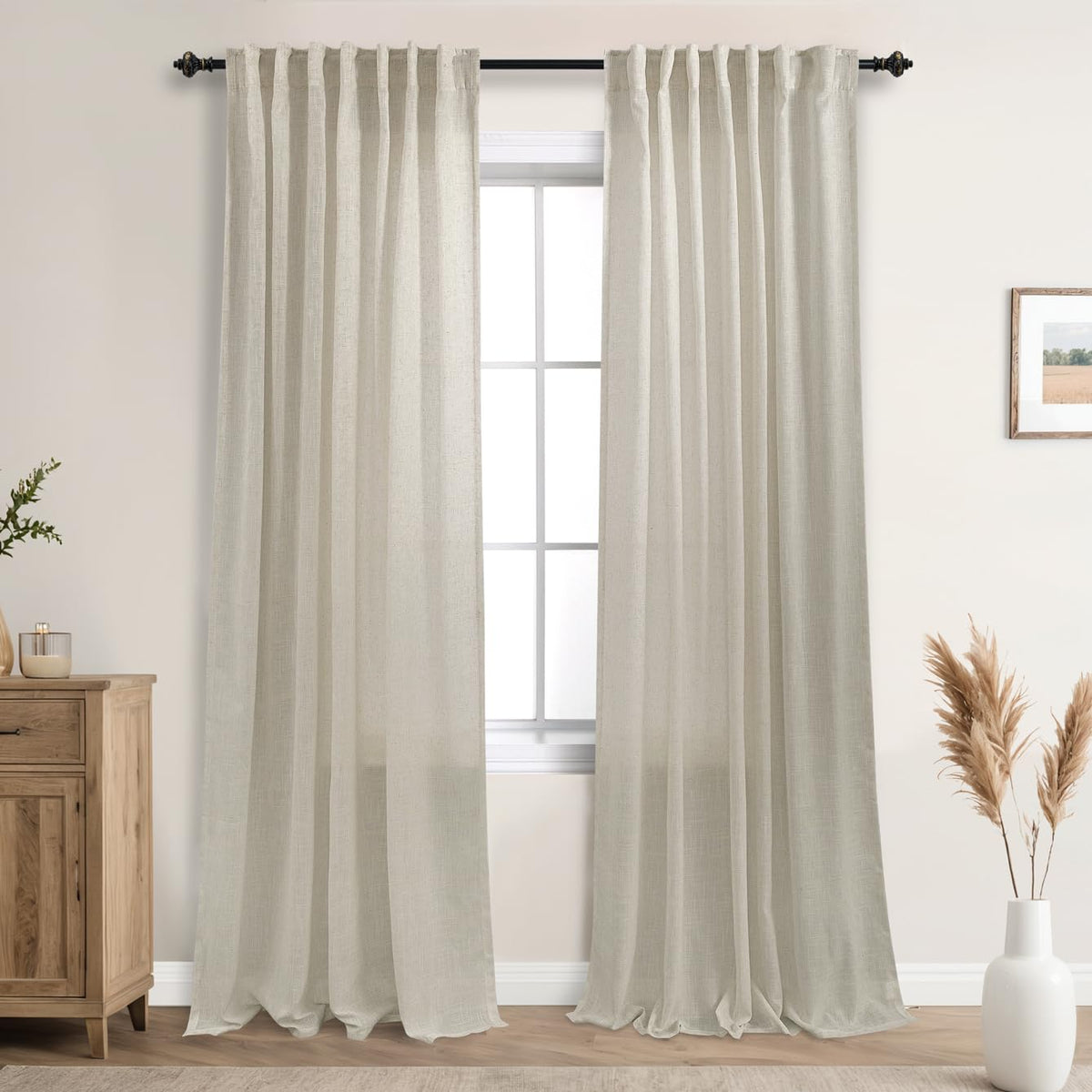 Mrs.Naturall Beige Curtains 90 Inches Long 2 Panels Set,Back Tab Drop Cloth Tan Semi Sheer Linen Privacy Curtains That Let Light
