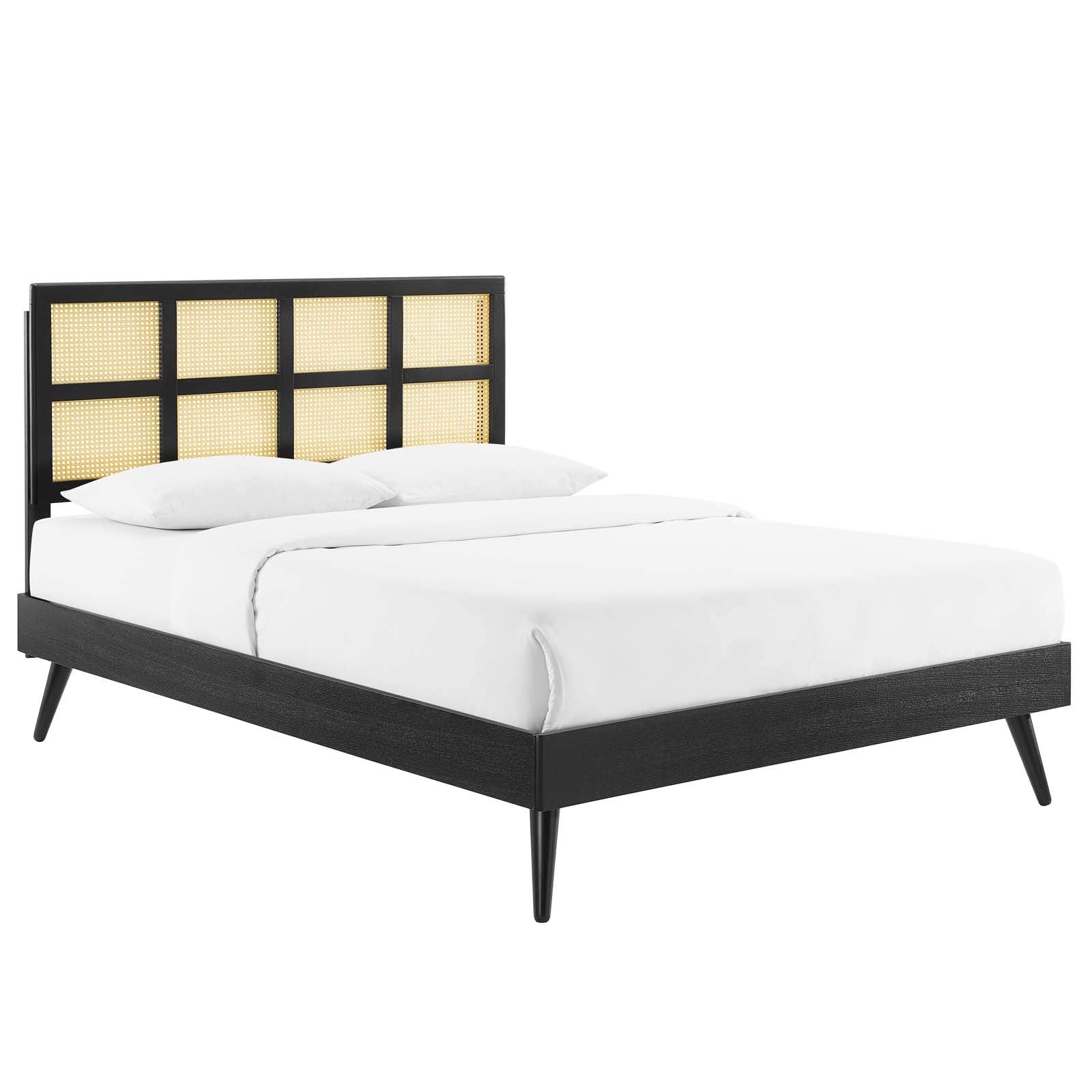Modway Sidney Cane Rattan And Wood Queen Platform Bed In Black With Splayed Legs