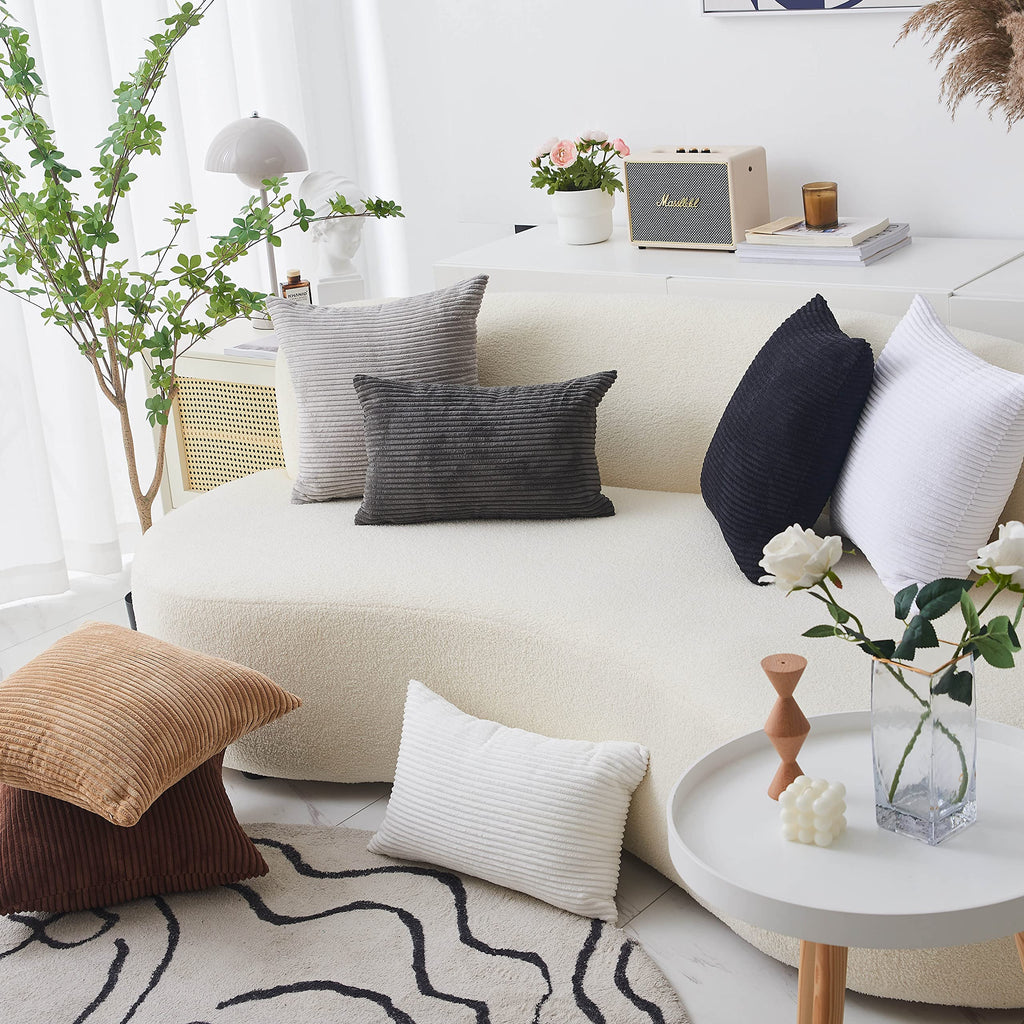 Home Brilliant Decorative Pillow Cover Accent Solid Striped Corduroy Plush Velvet Cushion Cover Couch, Pure White, 18X18 Inch (4