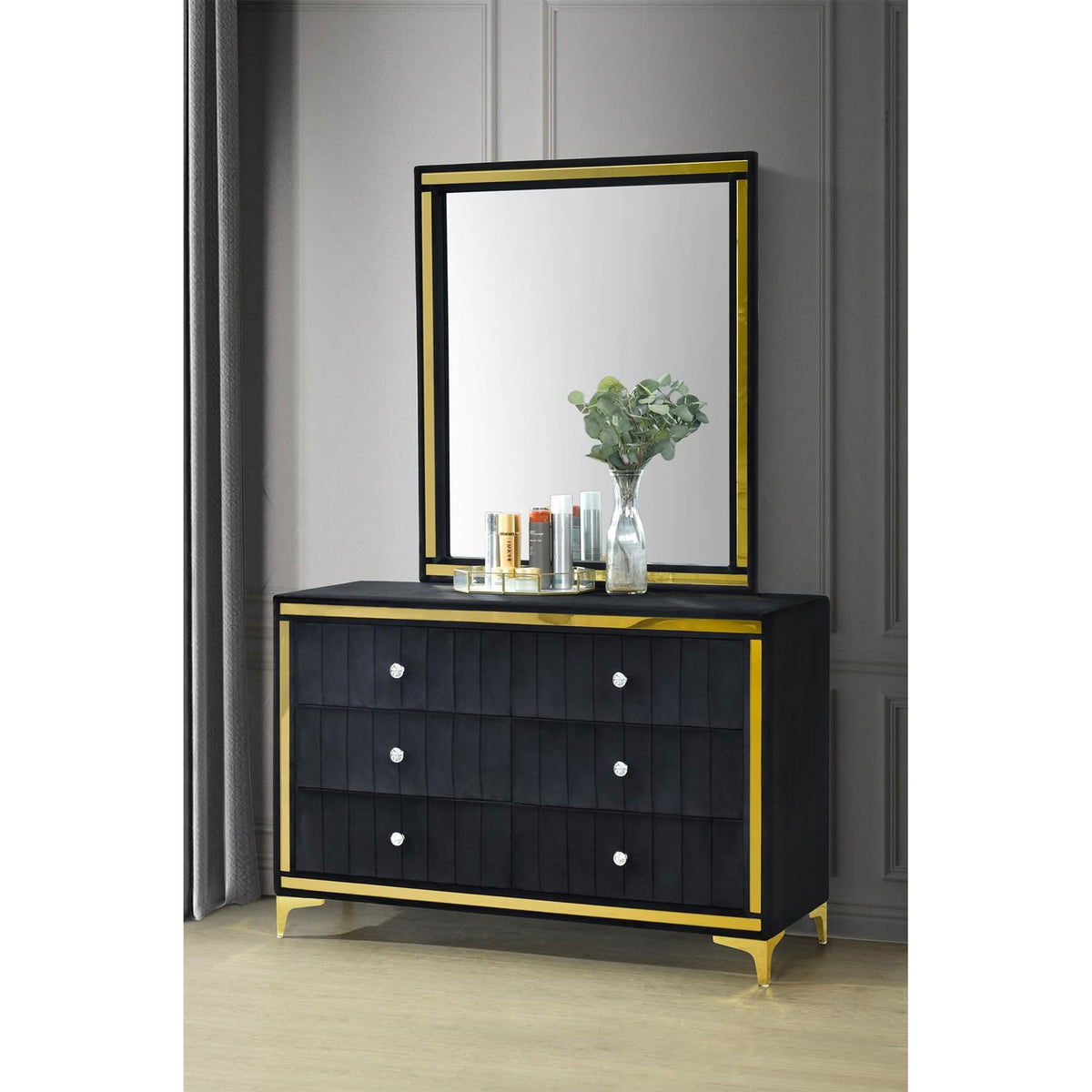 Better Home Products Velvet 6 Drawer Dresser With Gold Legs And Trim ? Fully -Assembled And Ready To Use (With Mirror, Black)