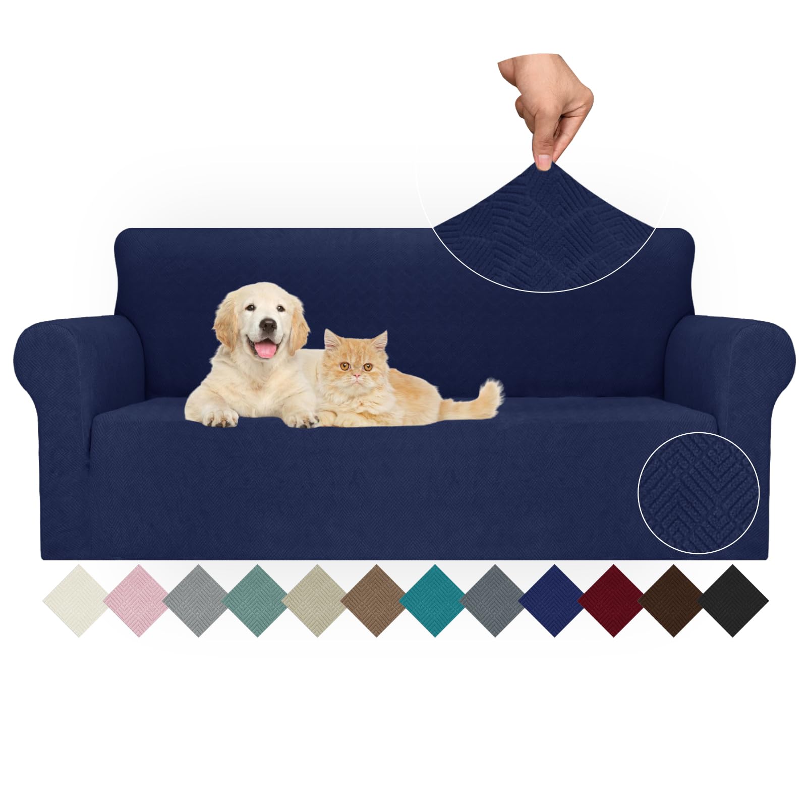 Jiviner Stretch Sofa Covers 1 Piece Couch Covers For 3 Cushion Couch Sofa, 3 Seater Sofa Slipcovers Furniture Protector With Elastic Bottom For Kids, Pets (Navy Blue, Sofa)