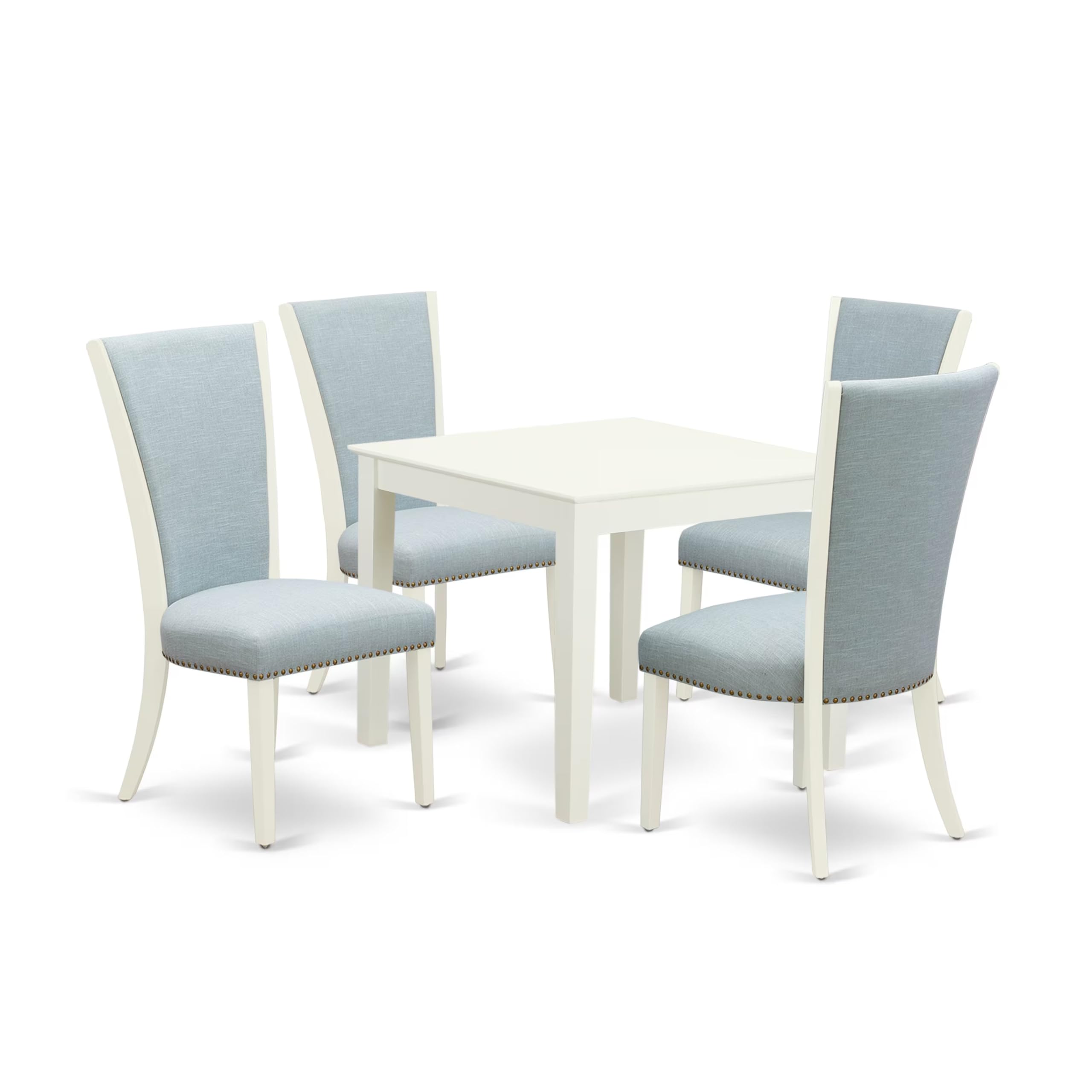 East West Furniture Oxve5-Lwh-15 5 Piece Kitchen Table Set For 4 Includes A Square Dining Room Table And 4 Baby Blue Linen Fabric Parson Dining Chairs, 36X36 Inch, Linen White