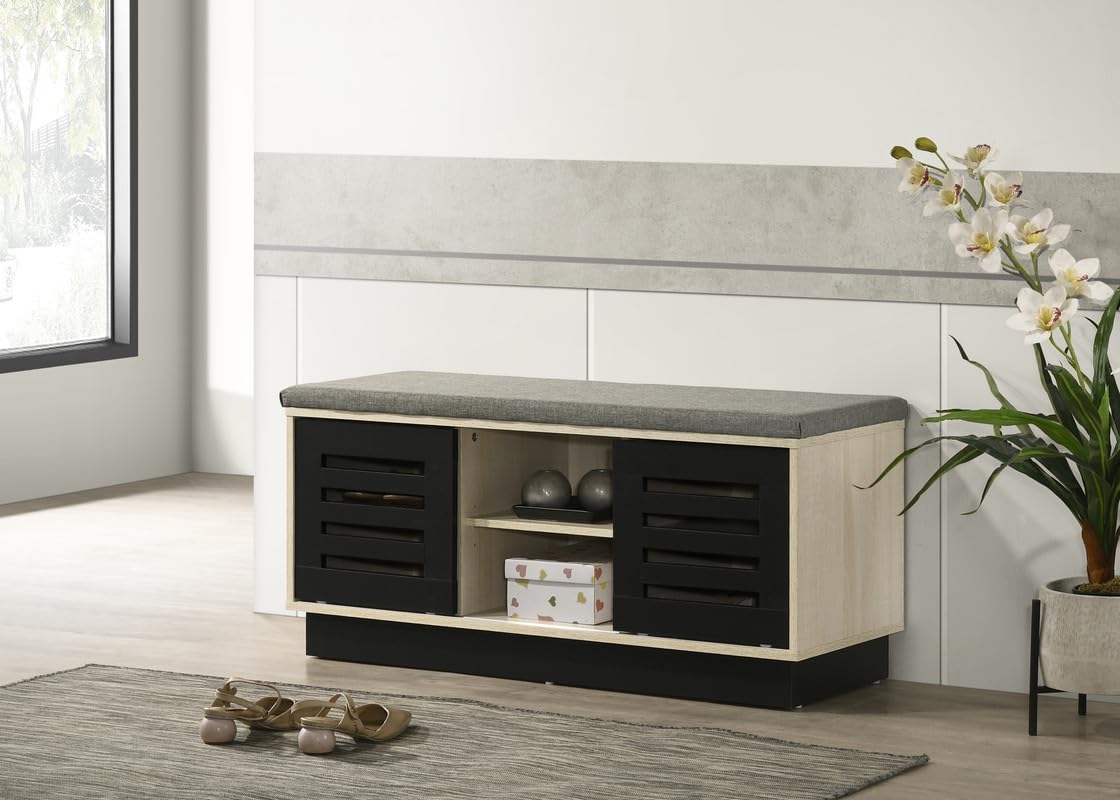 LILOLA LIVING Brett 38.5' W Oak Finish Shoe Cabinet with Sliding Doors, Upholstered Top