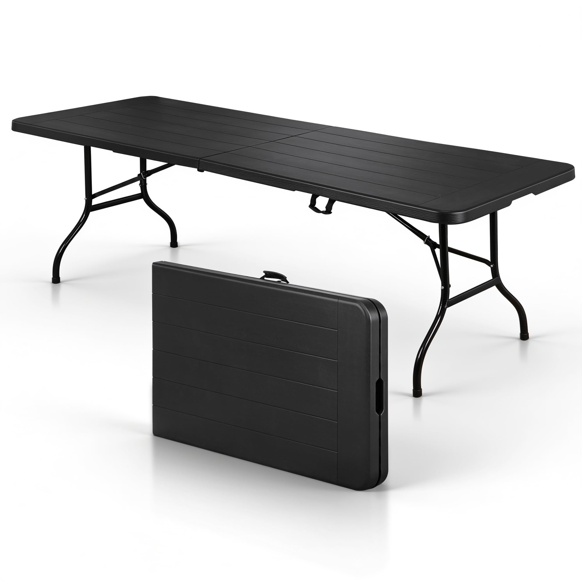 SUPER DEAL 8FT Folding Picnic Table for Indoor Outdoor, Portable Fold-in-Half Plastic Dining Camping Party Table with Carrying H