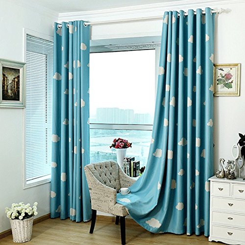 1 Pair Blue And White Cloud Semi-Blackout Curtains For Boys Kids Children Nursery Room Bedroom (Blue, 2 X 39X63 Inch)