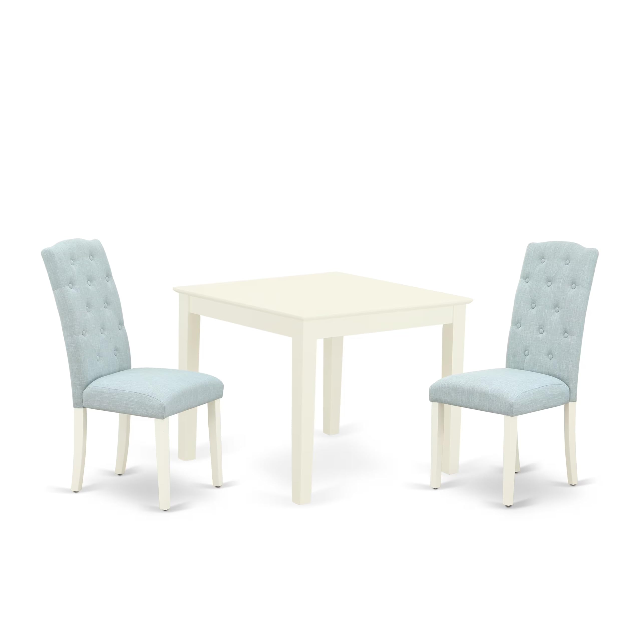 East West Furniture Oxce3-Lwh-15 3 Piece Dining Table Set For Small Spaces Contains A Square Dining Room Table And 2 Baby Blue Linen Fabric Upholstered Chairs, 36X36 Inch, Linen White
