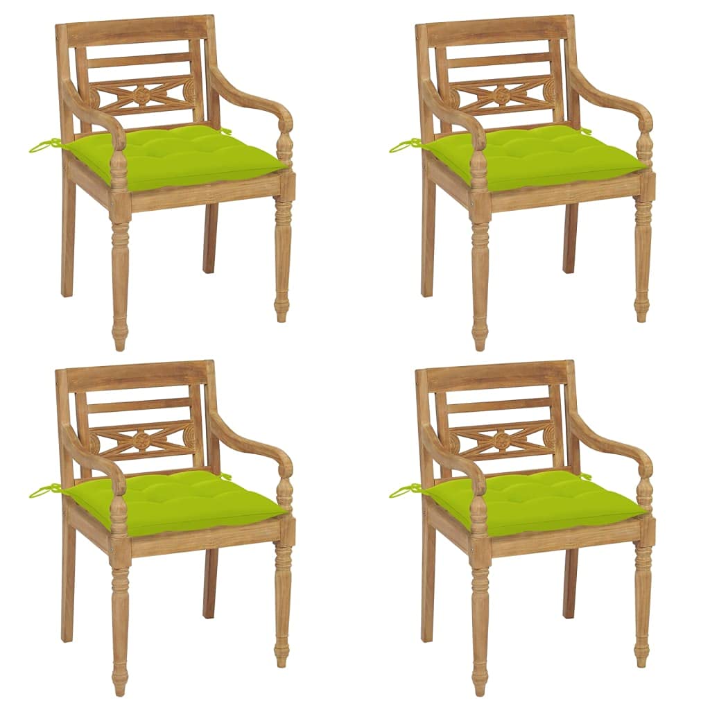 Vidaxl Batavia Chairs With Cushions - 4 Piece Set In Solid Teak Wood With Bright Green Cushions For Patio, Garden, Outdoor Lounging