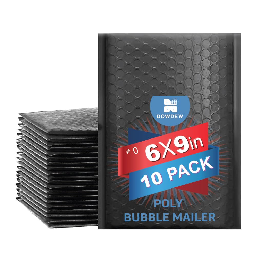 Water Resistant Bubble Envelope Mailers [10 Pack] 6 Inch X 9 Inch #0 Black Poly Padded Shipping Envelopes Self Sealing Cushioned