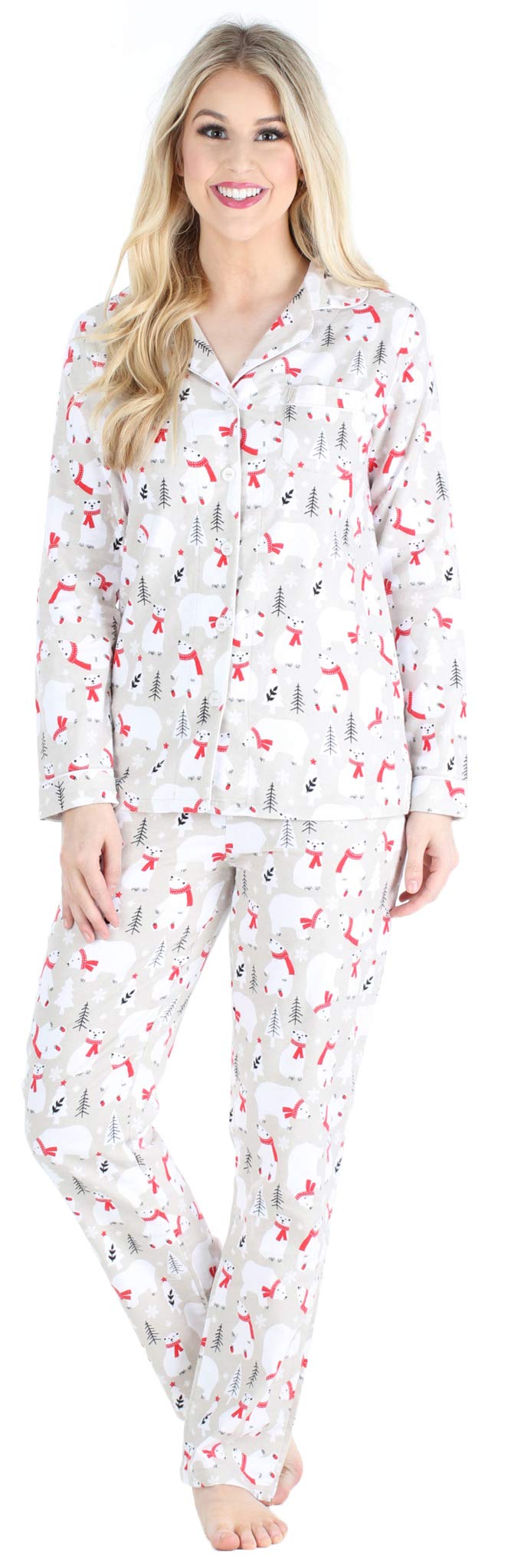 Pajamamania Womens Cotton Flannel Long Sleeve Button-Down Pajamas Pj Set, Polar Bear, 2X,