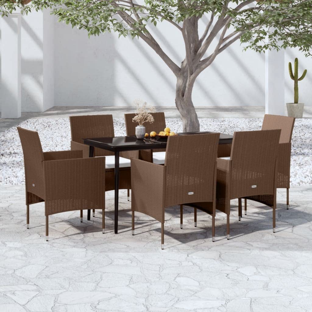 vidaXL Patio Dining Set 7 Piece with Cushions Garden Outdoor Lawn Yard Terrace Balcony Table and Chair Seat Seating Furniture Brown and Black