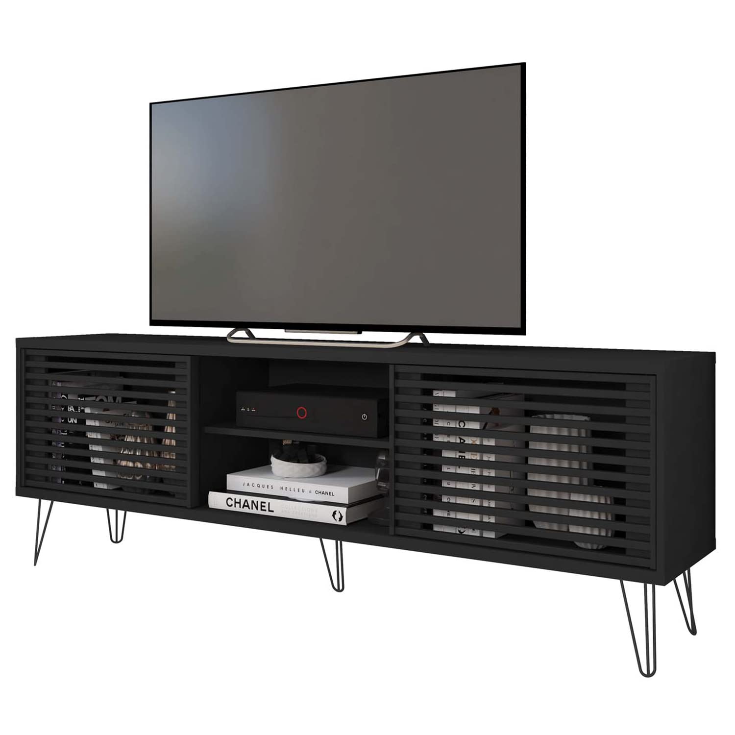 Better Home Products Frizz Mid-Century Modern TV Stand for up to 70 Inches TV in Black/Easy Assembly