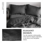 Simple&Opulence 100% Linen Duvet Cover Set With Embroidery Border Washed - 3 Pieces (1 Duvet Cover With 2 Pillow Shams) With Button Closure Soft Breathable Farmhouse - Dark Grey, Queen Size
