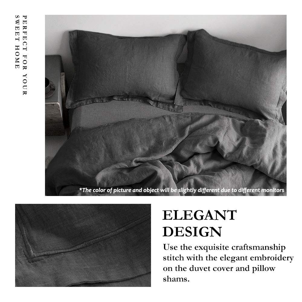 Simple&Opulence 100% Linen Duvet Cover Set With Embroidery Border Washed - 3 Pieces (1 Duvet Cover With 2 Pillow Shams) With Button Closure Soft Breathable Farmhouse - Dark Grey, Queen Size