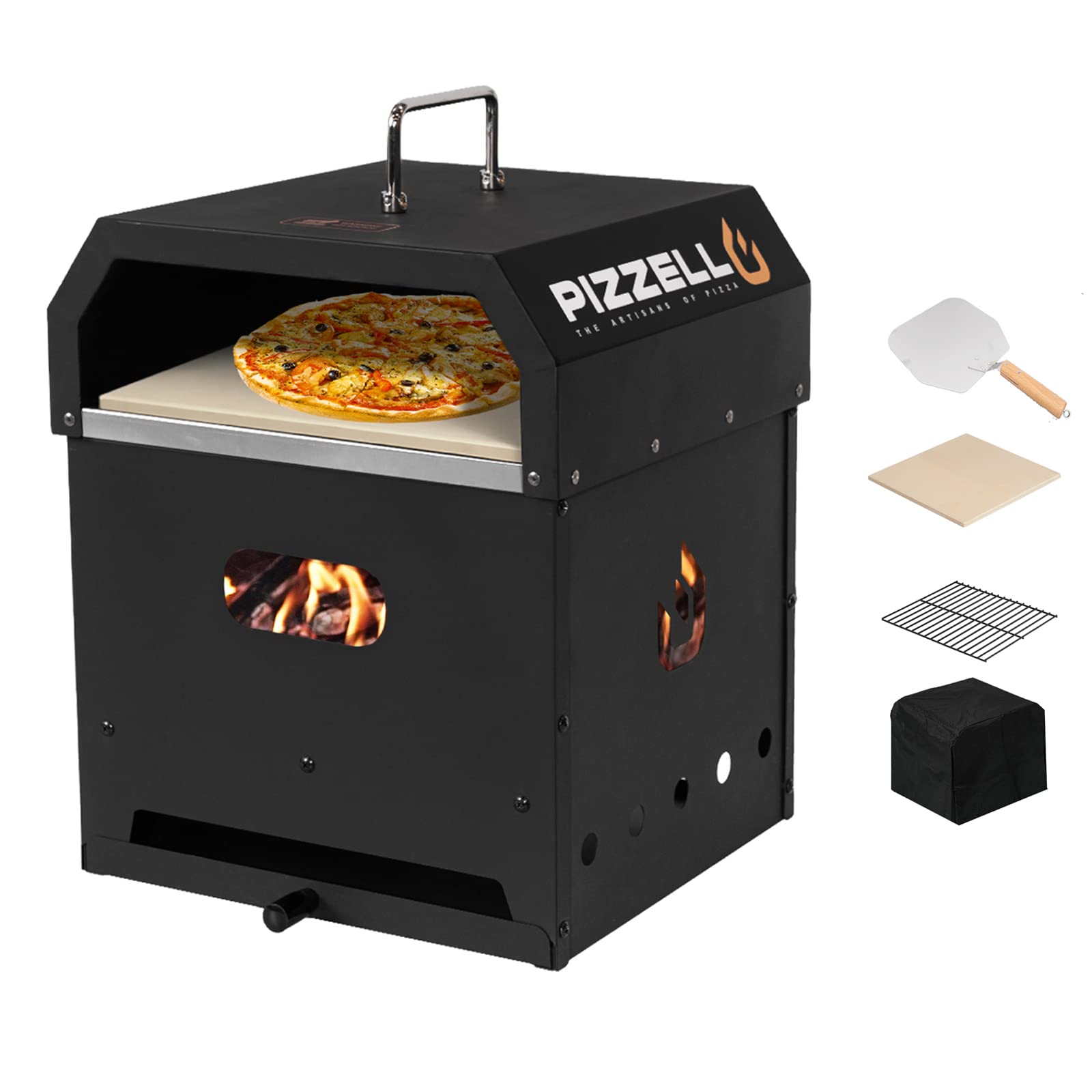 Pizzello Outdoor Pizza Oven 4 In 1 Wood Fired 2-Layer Detachable Outside Ovens With Pizza Stone, Pizza Peel, Cover, Cooking Gril